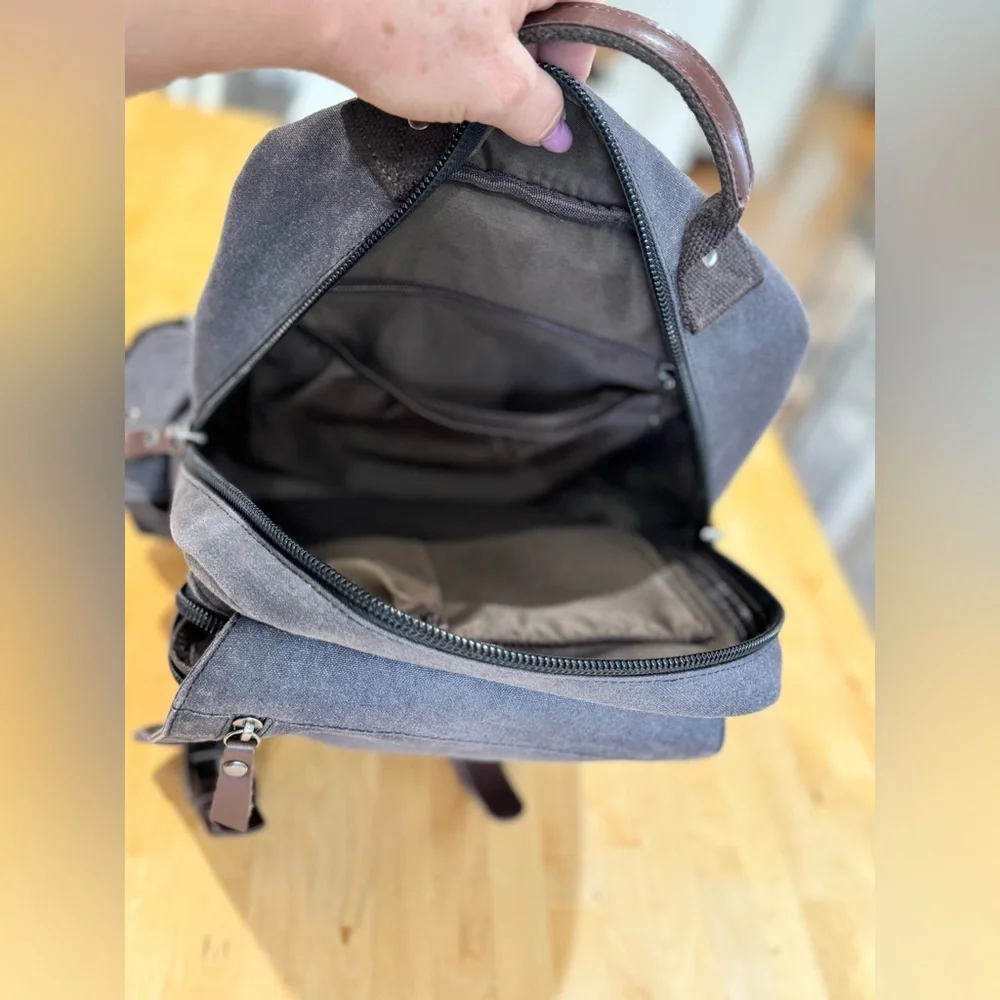Gray Canvas Crossbody Backpack with Brown Accents Multiple Compartments Durable